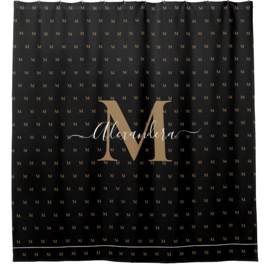 Monogram Matig Zwart wit Gold legant script Douchegordijn (Voorkant)