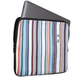 Monogram matige blauwe witte grijze strepen laptop sleeve