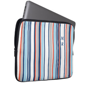 Monogram matige blauwe witte grijze strepen laptop sleeve