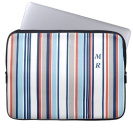 Monogram matige blauwe witte grijze strepen laptop sleeve