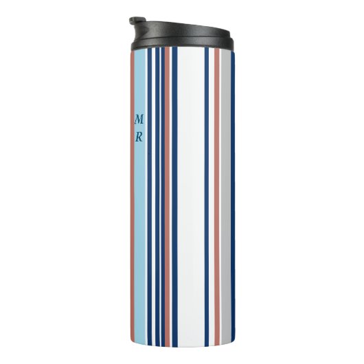 Monogram matige blauwe witte grijze strepen thermosbeker (Geroteerd rechts)