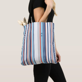 Monogram matige blauwe witte grijze strepen tote bag