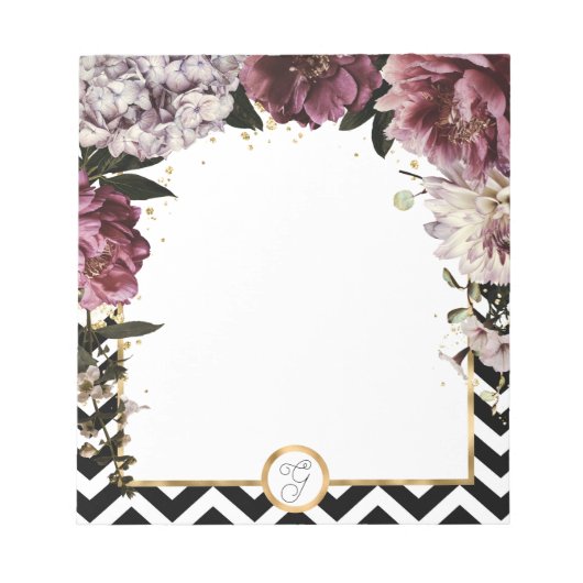 Monogram Mauve bloemen en goud met Chevron Notitieblok (Voorkant)