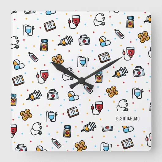 Monogram. Medical Pattern. For Doctors and Nurses Vierkante Klok (Voorkant)