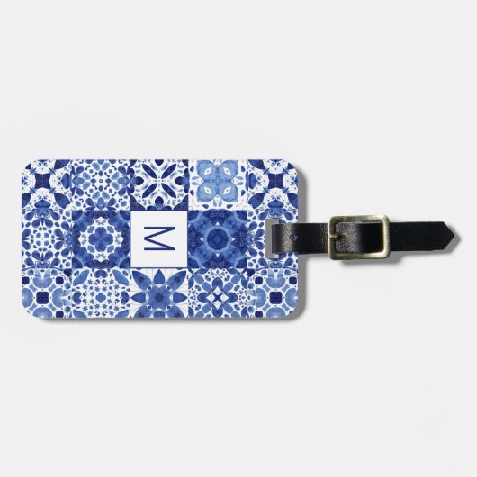Monogram Mediterraan Blauw Witte Tegel Waterverf Bagagelabel (Voorkant horizontaal)