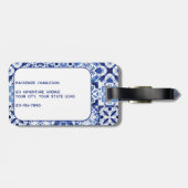 Monogram Mediterraan Blauw Witte Tegel Waterverf Bagagelabel (Achterkant horizontaal)