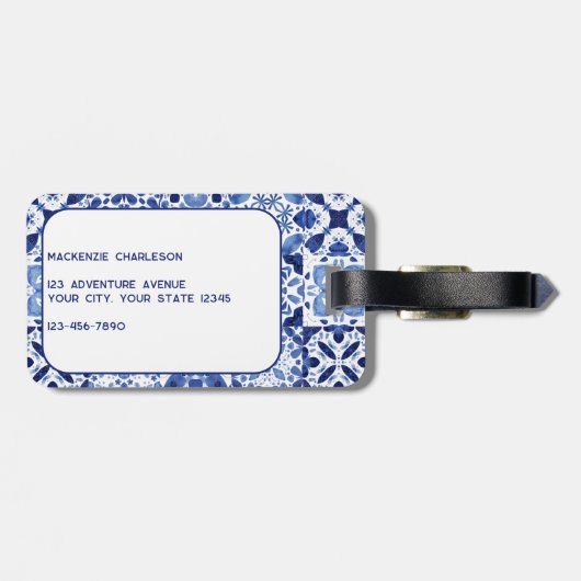 Monogram Mediterraan Blauw Witte Tegel Waterverf Bagagelabel (Achterkant horizontaal)