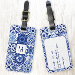 Monogram Mediterraan Blauw Witte Tegel Waterverf Bagagelabel<br><div class="desc">indigo blauw en wit gepersonaliseerde monogram initiaal mediterrane tegel in waterverf. Originele versie door Nic Squirrell. Wijzig het monogram initiaal op de voorkant en de gegevens op de achterkant om aan te passen.</div>