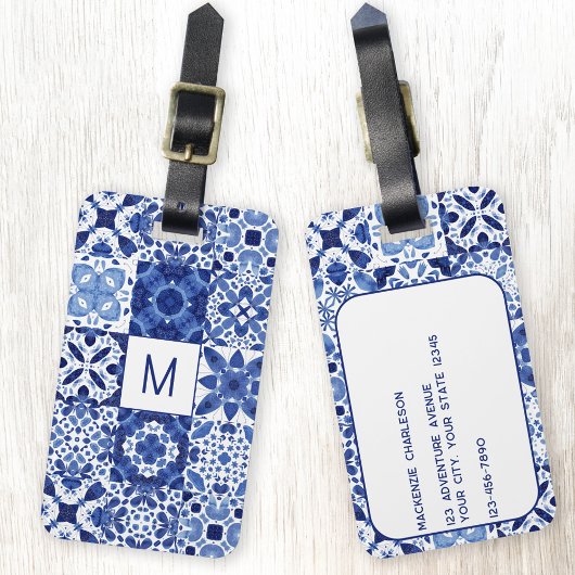 Monogram Mediterraan Blauw Witte Tegel Waterverf Bagagelabel