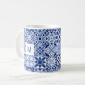 Monogram Mediterraan Blauw Witte Tegel Waterverf Koffiemok (Voorkant links)