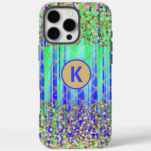 Monogram Meermin Schubben Groen Blauw Goud Glitter iPhone 16 Pro Max Hoesje