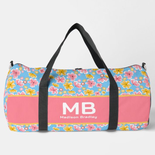 Monogram Meisje Bloemen Roze Blauw Gepersonaliseer Plunjezak (Voorkant)