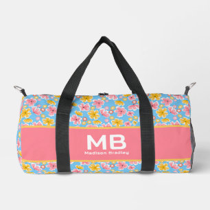 Monogram Meisje Bloemen Roze Blauw Gepersonaliseer Plunjezak