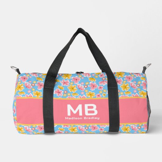 Monogram Meisje Bloemen Roze Blauw Gepersonaliseer Plunjezak (Voorkant)