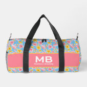 Monogram Meisje Bloemen Roze Blauw Gepersonaliseer Plunjezak (Achterkant)