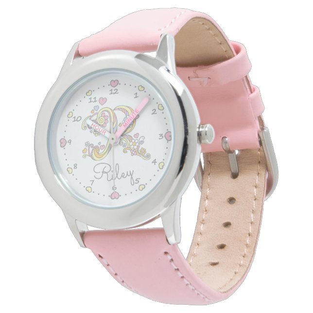 Monogram meisjes brief R art Riley naam horloge (Gekanteld)