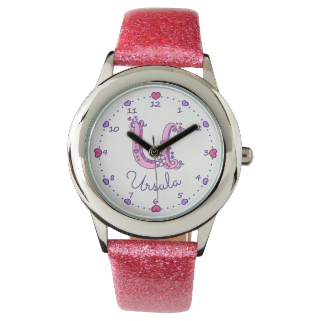Monogram meisjes brief U art Ursula naam horloge (Voorkant)