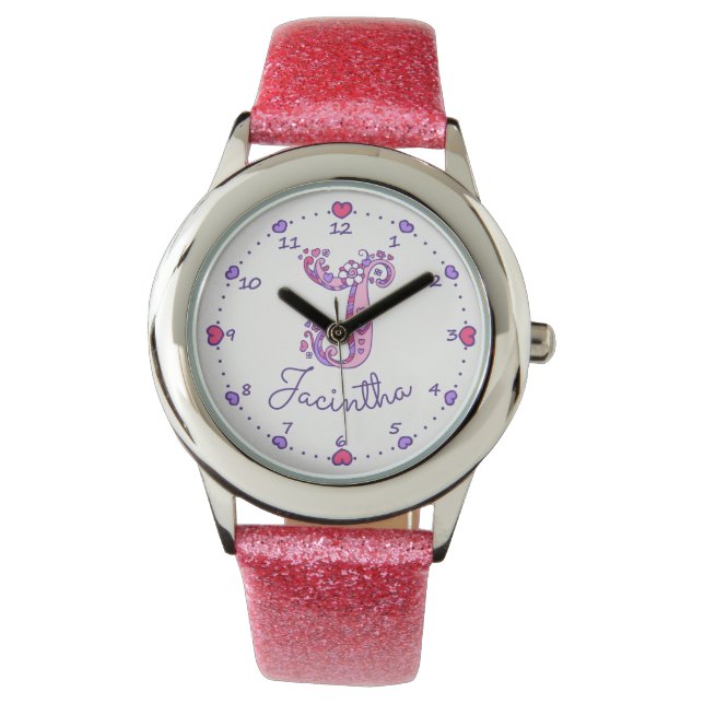 Monogram meisjes J doodle art Jacintha naam horlog Horloge (Voorkant)