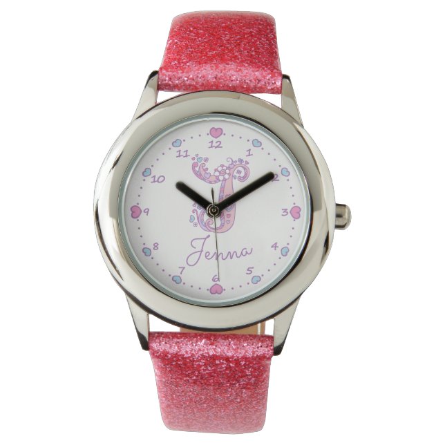 Monogram meisjes J doodle art Jenna naam horloge (Voorkant)