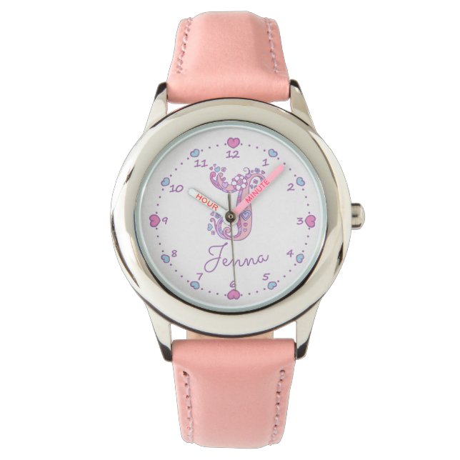 Monogram meisjes J krabbel kunst Jenna naam horlog Horloge (Voorkant)