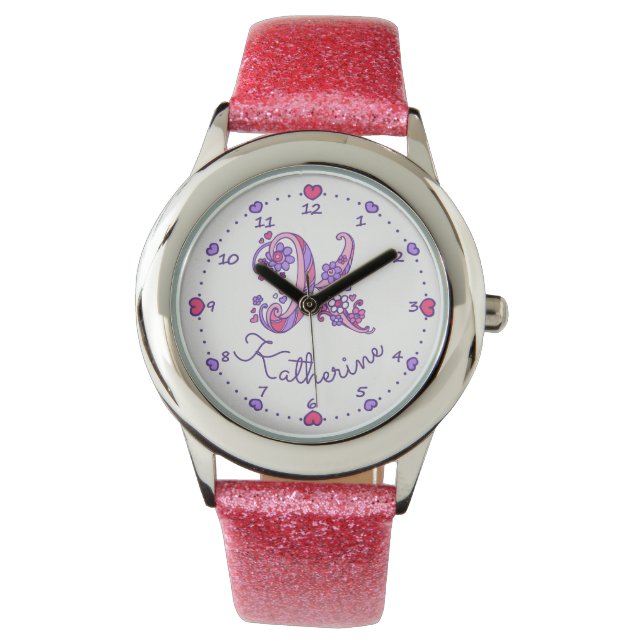 Monogram meisjes K doodle art Katherine naam horlo Horloge (Voorkant)