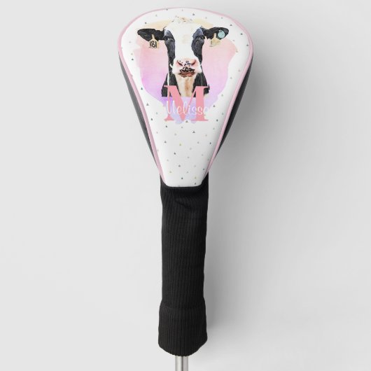  Monogram meisjes Naam Roze Cute Holstein Koe Golfheadcover (Voorkant)