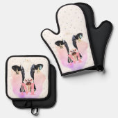  Monogram meisjes Naam Roze Cute Holstein Koe Ovenwant & Pannenlap Set (Voorkant / Achterkant)