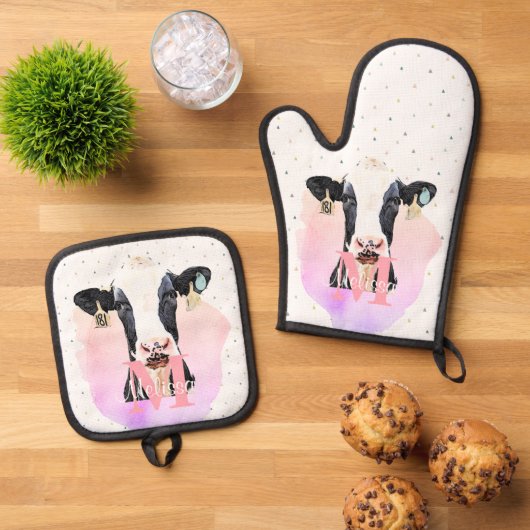  Monogram meisjes Naam Roze Cute Holstein Koe Ovenwant & Pannenlap Set (Top down)