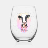  Monogram meisjes Naam Roze Cute Holstein Koe Wijnglas Zonder Voet (Voorkant)