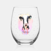  Monogram meisjes Naam Roze Cute Holstein Koe Wijnglas Zonder Voet (Achterkant)