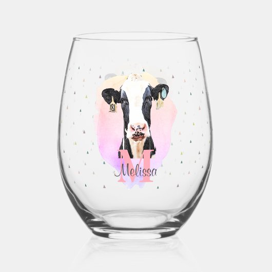 Monogram meisjes Naam Roze Cute Holstein Koe Wijnglas Zonder Voet (Achterkant)