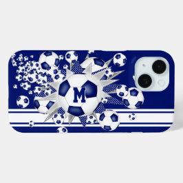 monogram meisjes voetbal blowout blauw iPhone 15 case