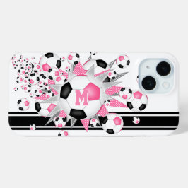 monogram meisjes voetbal blowout roze zwart iPhone 15 case