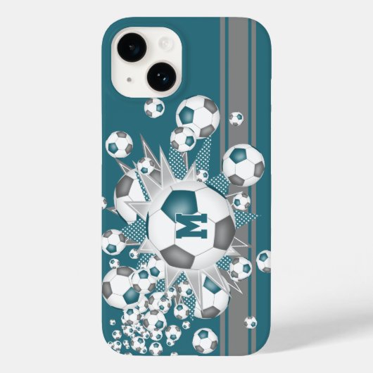monogram meisjes voetballen sterren blauwgroen gri Case-Mate iPhone case (Achterkant)