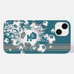 monogram meisjes voetballen sterren blauwgroen gri Case-Mate iPhone 14 hoesje
