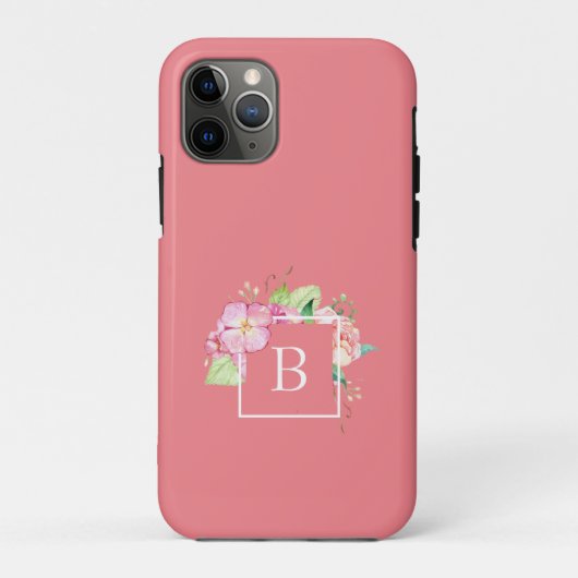 Monogram Meisjesachtig Roze Koraal Waterverf Bloem Case-Mate iPhone Case (Achterkant)