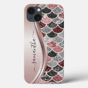 Monogram Mermaid Scale Glitter Pink Silver Name Case-Mate iPhone Case
