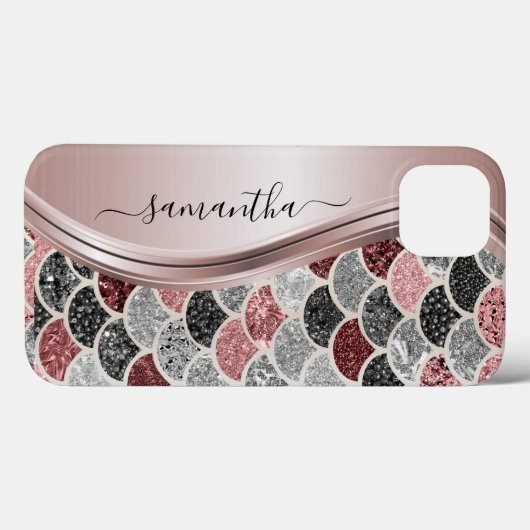 Monogram Mermaid Scale Glitter Pink Silver Name Case-Mate iPhone Case (Achterkant (horizontaal))