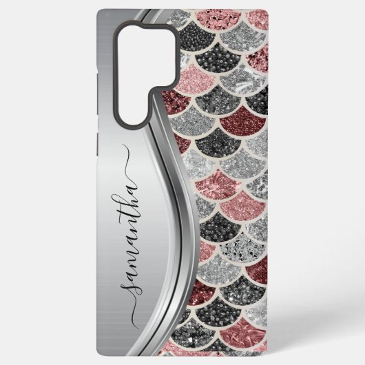 Monogram Mermaid Scale Glitter Pink Silver Name Samsung Galaxy Hoesje (Achterkant)