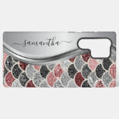 Monogram Mermaid Scale Glitter Pink Silver Name Samsung Galaxy Hoesje (Achterkant horizontaal)