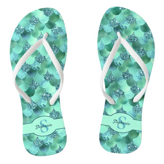 Monogram Mermaid Scales Zee Green Aqua Teenslippers (Voetbed)