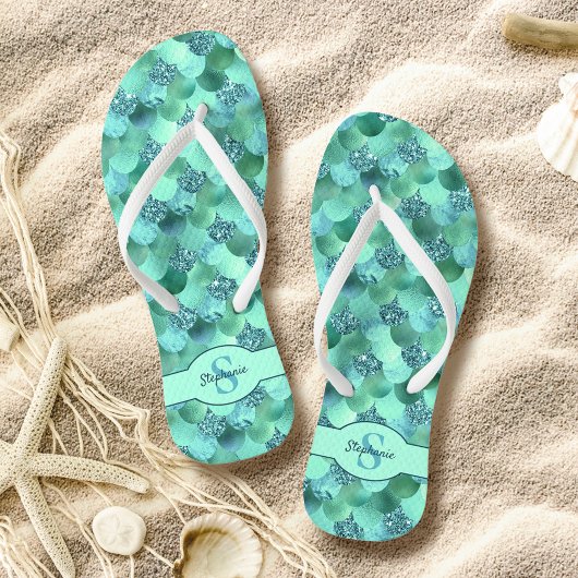 Monogram Mermaid Scales Zee Green Aqua Teenslippers