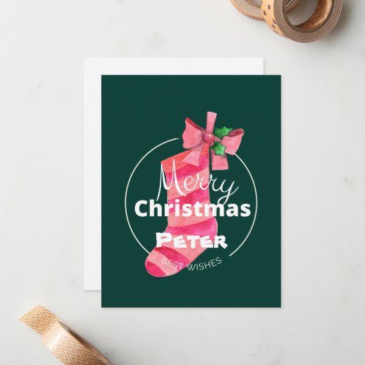 Monogram Merry Kerstmis Beste wensen lint groen Notitiekaartje (Voorkant / Achterkant in situ)