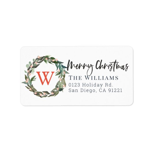 Monogram Merry Kerstmis Greenery Wreath Holiday Etiket (Voorkant)