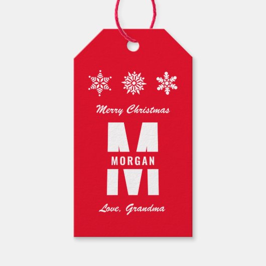 Monogram Merry Kerstmis Prettige feestdagen Red Wh Cadeaulabel (Voorkant)