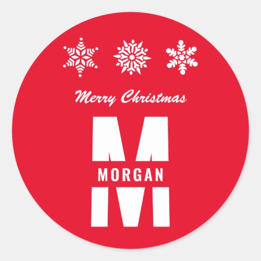 Monogram Merry Kerstmis Prettige feestdagen Red Wh Ronde Sticker (Voorkant)