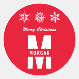 Monogram Merry Kerstmis Prettige feestdagen Red Wh Ronde Sticker