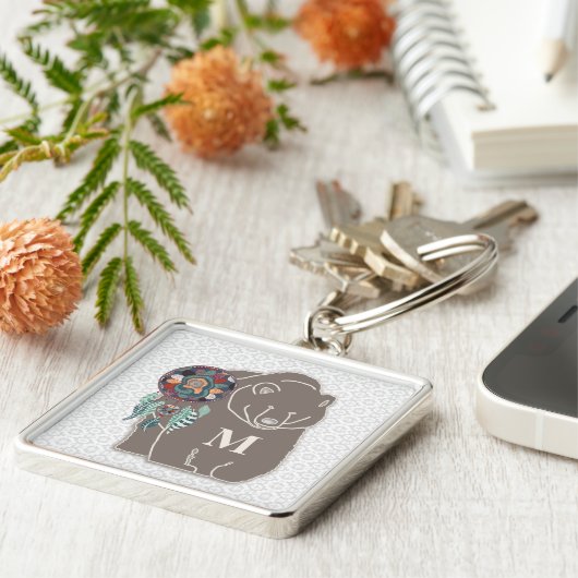 Monogram met Beer in Brown Native American Theme Sleutelhanger (Zijkant)