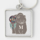 Monogram met Beer in Brown Native American Theme Sleutelhanger (Voorkant)