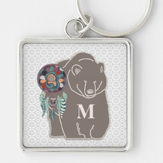 Monogram met Beer in Brown Native American Theme Sleutelhanger (Voorkant)